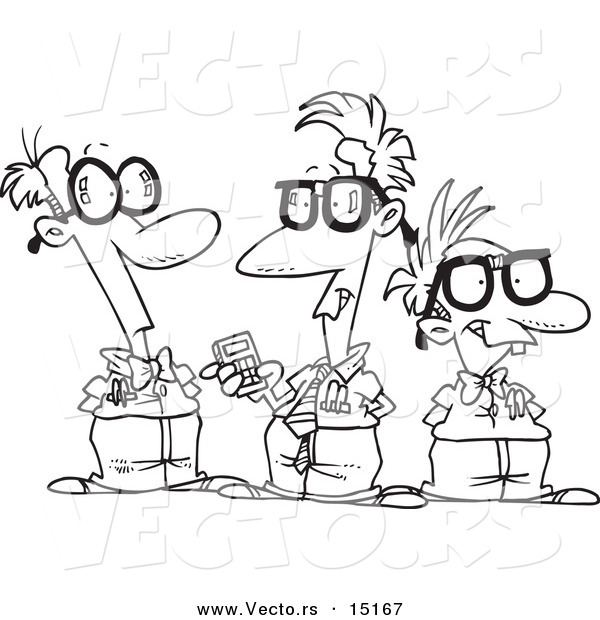 Vector of a Cartoon Group of Nerds Talking - Coloring Page Outline