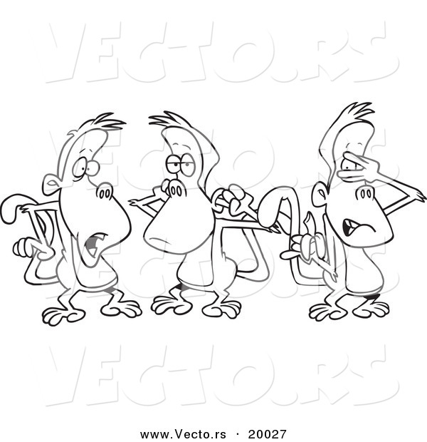 Vector of a Cartoon Group of Three Monkeys - Outlined Coloring Page