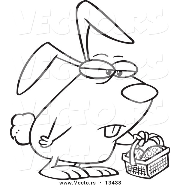 Vector of a Cartoon Grumpy Easter Bunny with a Basket - Coloring Page Outline