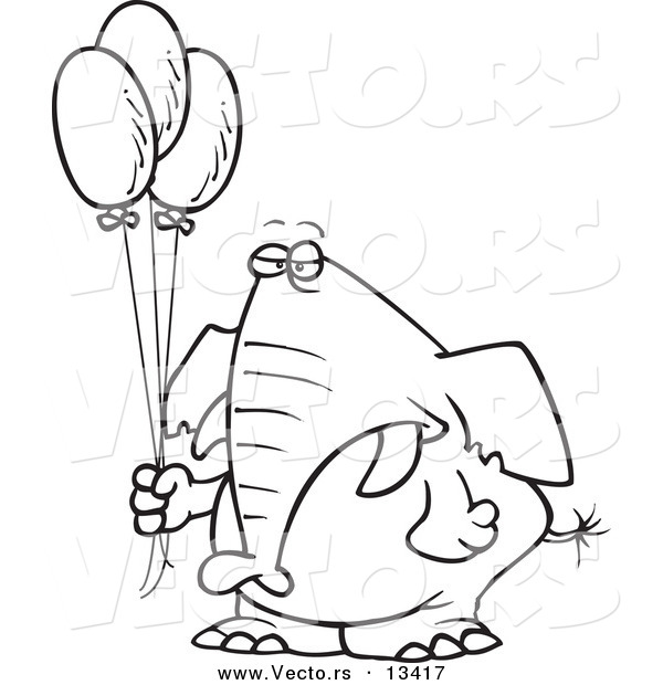 Vector of a Cartoon Grumpy Elephant Holding Balloons - Coloring Page Outline