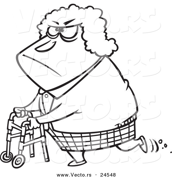 Vector of a Cartoon Grumpy Granny Using Her Walker - Outlined Coloring Page