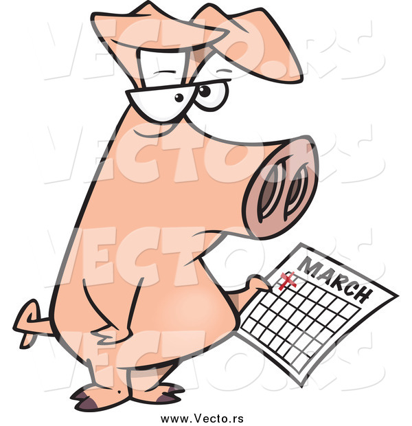 Vector of a Cartoon Grumpy Pig Holding a Calendar