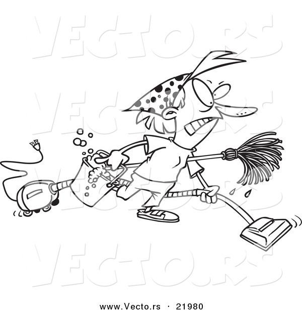 Vector of a Cartoon Grumpy Woman Spring Cleaning - Outlined Coloring Page