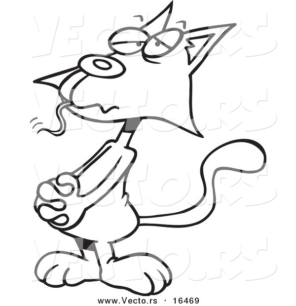 Vector of a Cartoon Guilty Cat with a Mouse in His Mouth - Outlined Coloring Page Drawing