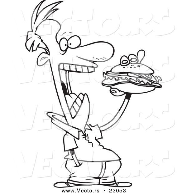 Vector of a Cartoon Guy Eating a Sandwich - Coloring Page Outline