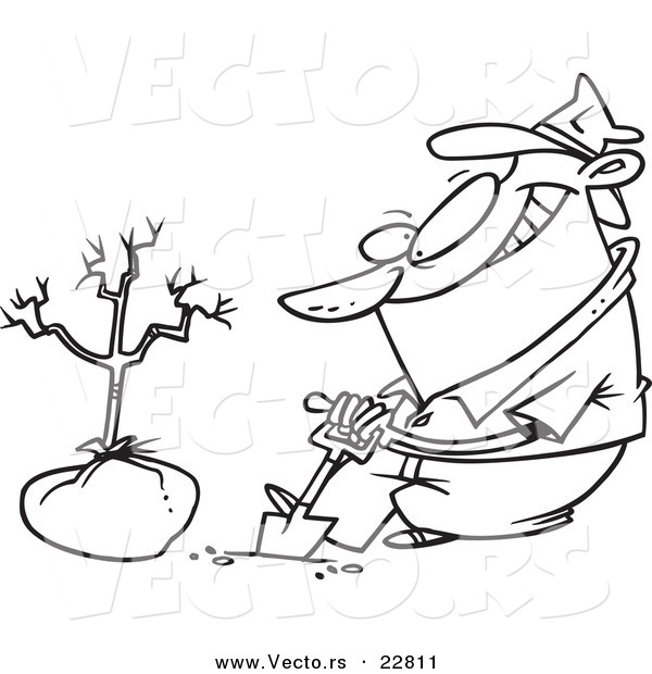Vector of a Cartoon Guy Planting a Tree - Coloring Page Outline