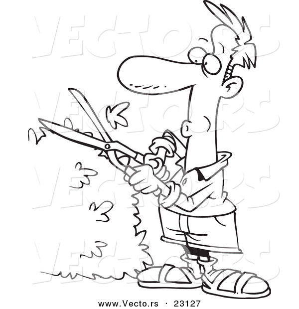 Vector of a Cartoon Guy Trimming a Hedge - Coloring Page Outline