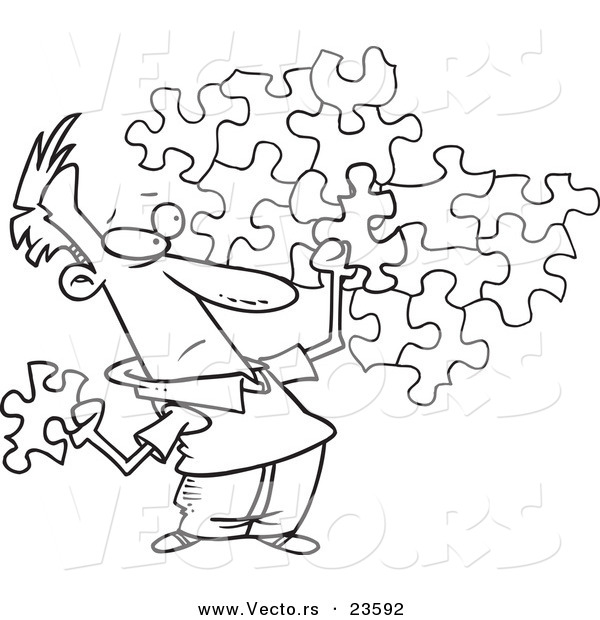 Vector of a Cartoon Guy Trying to Assemble a Puzzle - Coloring Page Outline