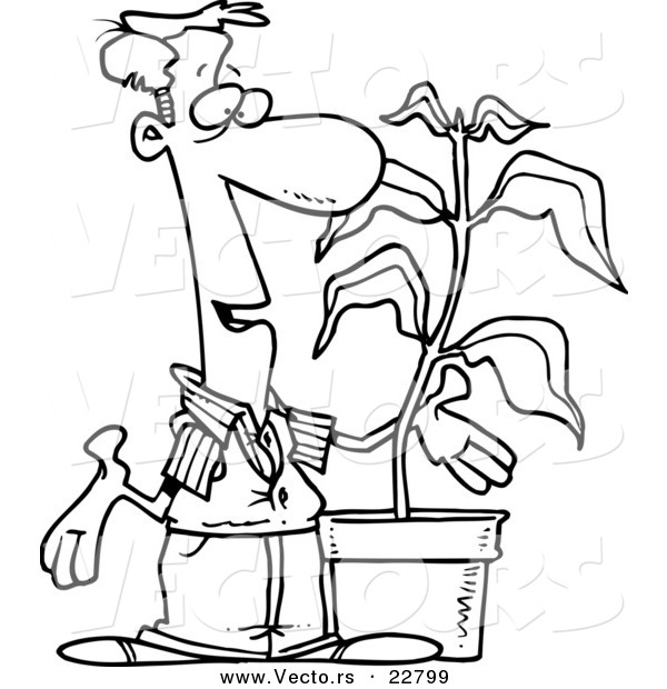 Vector of a Cartoon Guy with a Potted Plant - Coloring Page Outline