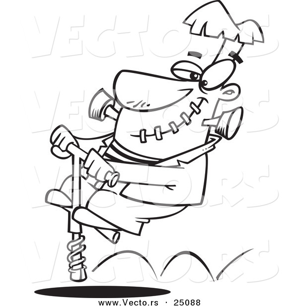 Vector of a Cartoon Halloween Frankenstein on a Pogo Stick - Outlined Coloring Page