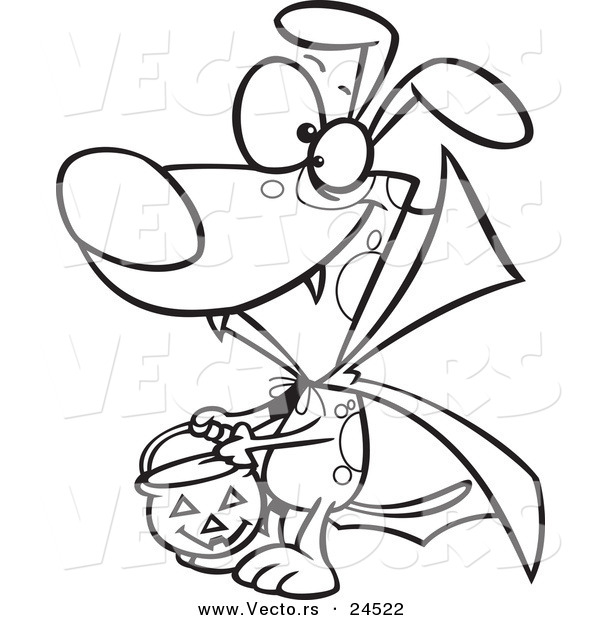 Vector of a Cartoon Halloween Vampire Dog Trick or Treating - Outlined Coloring Page