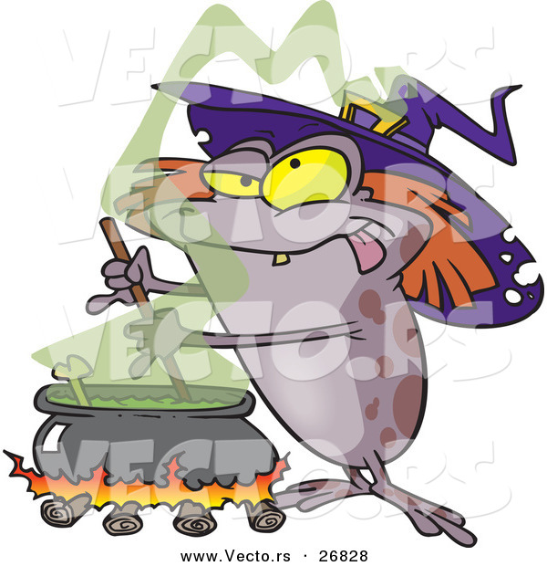 Vector of a Cartoon Halloween Witch Toad Mixing Stew Potion over Fire