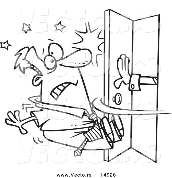 Vector of a Cartoon Hand Pushing Open a Door and Knocking a Man out - Coloring Page Outline