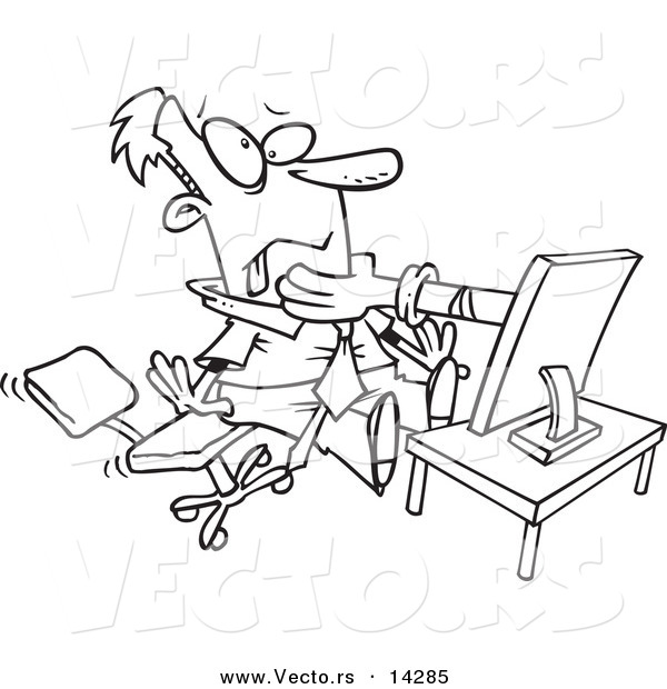 Vector of a Cartoon Hand Strangling a Businessman from a Computer Screen - Coloring Page Outline