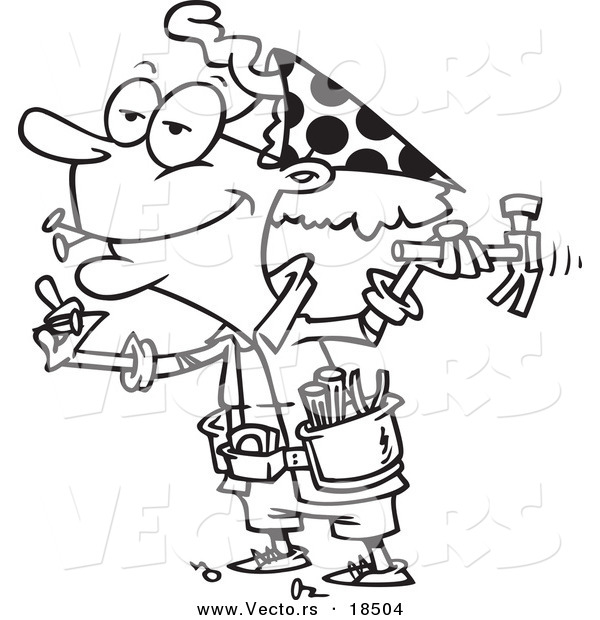 Vector of a Cartoon Handy Granny Using a Hammer - Outlined Coloring Page