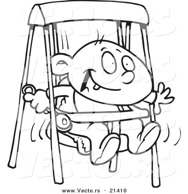 Vector of a Cartoon Happy Baby Boy in a Swing - Outlined Coloring Page