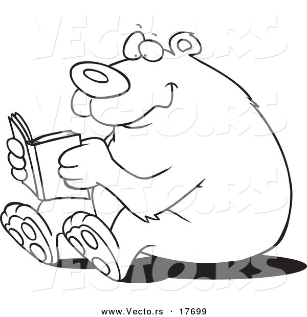 Vector of a Cartoon Happy Bear Reading - Coloring Page Outline