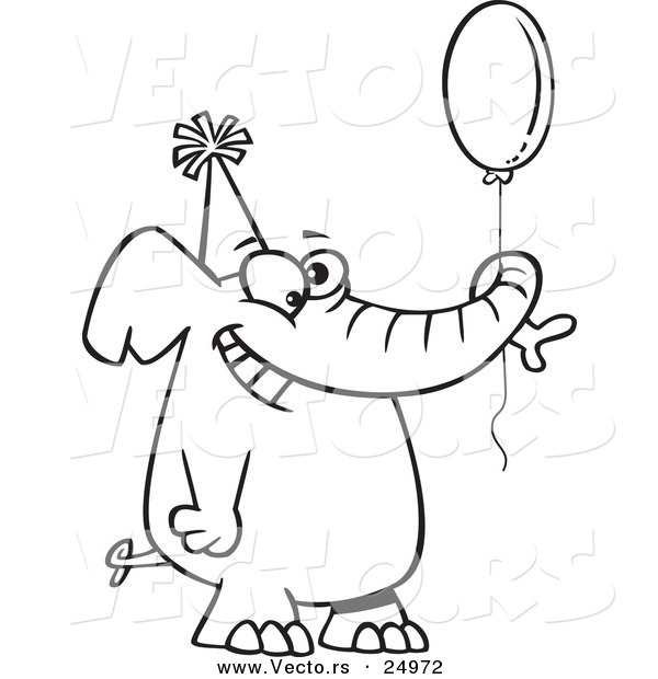 Vector of a Cartoon Happy Birthday Elephant Holding a Balloon - Outlined Coloring Page