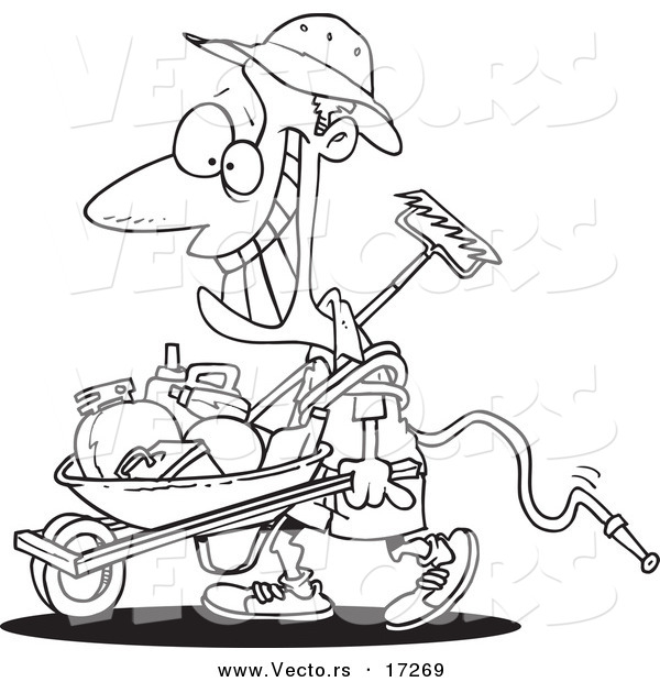 Vector of a Cartoon Happy Borrower Pushing a Wheelbarrow - Coloring Page Outline