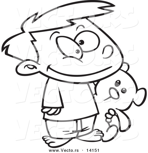 Vector of a Cartoon Happy Boy Carrying His Teddy Bear - Coloring Page Outline