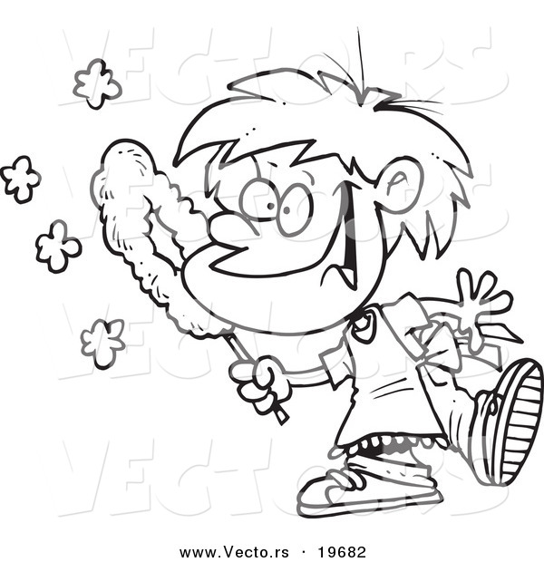 Vector of a Cartoon Happy Boy Dusting - Outlined Coloring Page