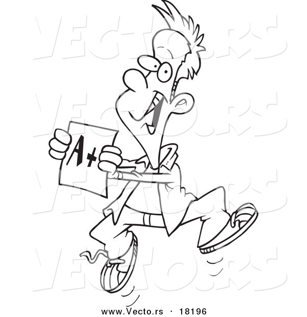 Vector of a Cartoon Happy Boy Holding a Good Report Card - Outlined Coloring Page