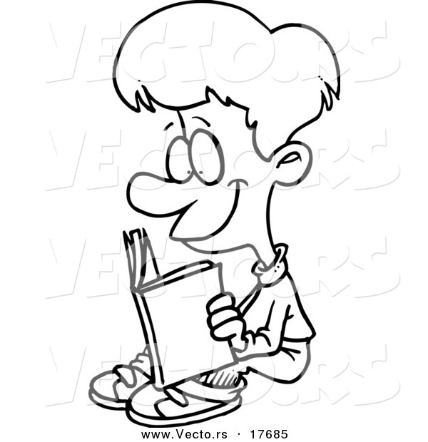 Vector of a Cartoon Happy Boy Reading - Coloring Page Outline