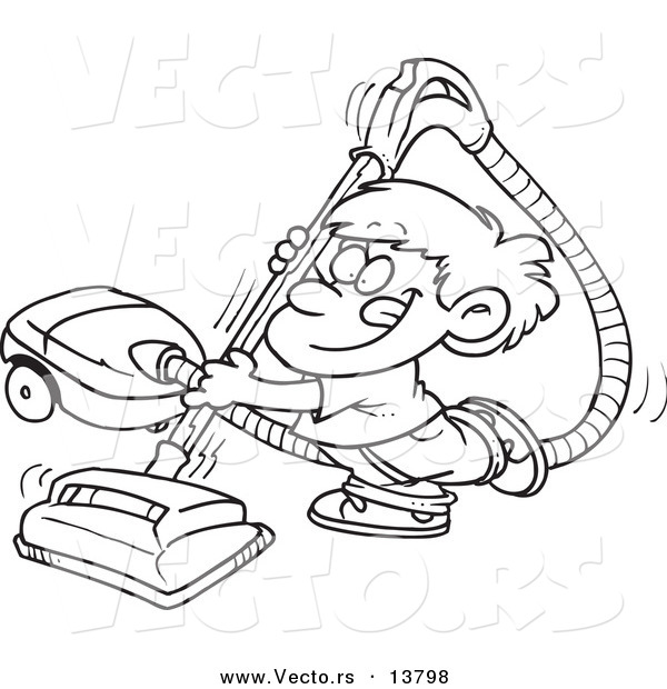 Vector of a Cartoon Happy Boy Using a Vacuum - Coloring Page Outline