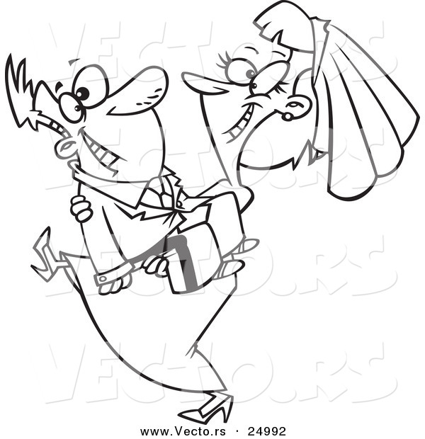 Vector of a Cartoon Happy Bride Carrying Her Groom - Outlined Coloring Page