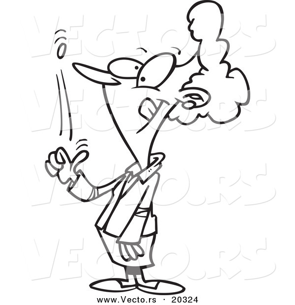 Vector of a Cartoon Happy Businesswoman Flipping a Coin - Coloring Page Outline
