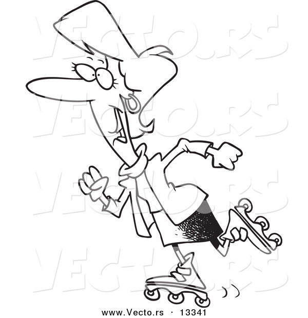 Vector of a Cartoon Happy Businesswoman Rollerblading - Coloring Page Outline