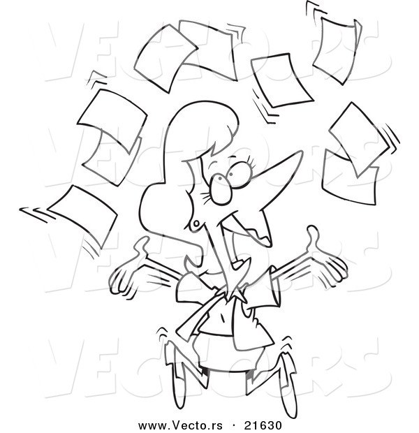 Vector of a Cartoon Happy Businesswoman Tossing Paperwork - Outlined Coloring Page
