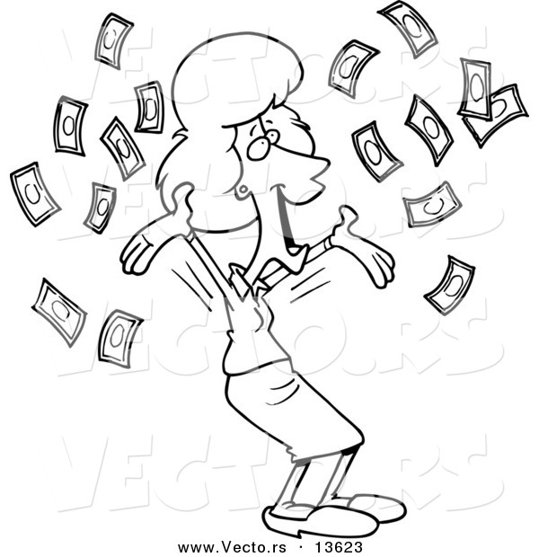 Vector of a Cartoon Happy Businesswoman with Falling Cash - Coloring Page Outline