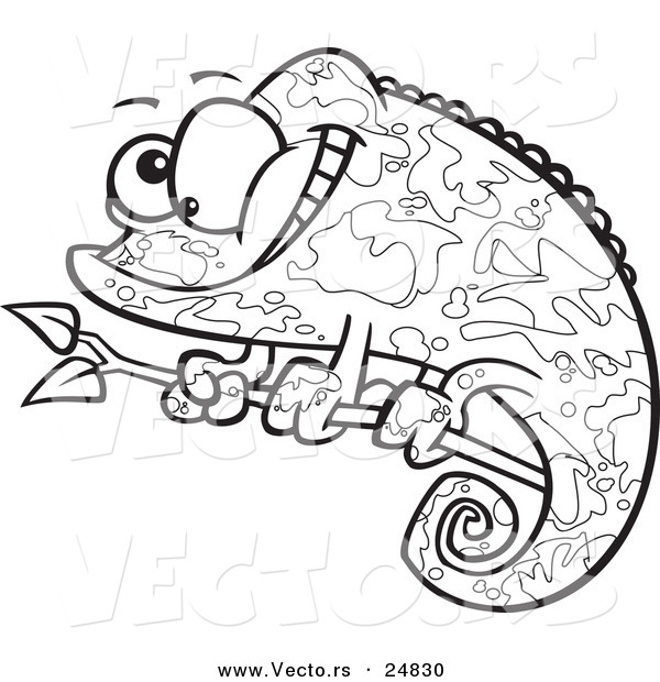 Vector of a Cartoon Happy Chameleon Lizard with Camoflauge Patterns - Outlined Coloring Page