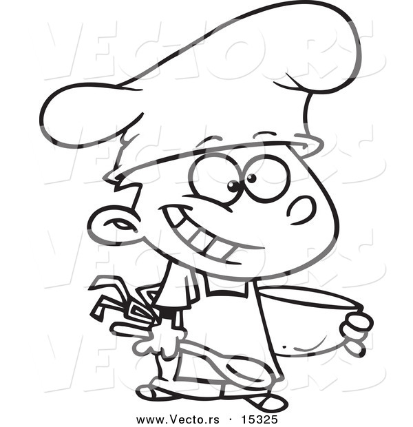 Vector of a Cartoon Happy Chef Boy Holding a Mixing Bowl - Coloring Page Outline