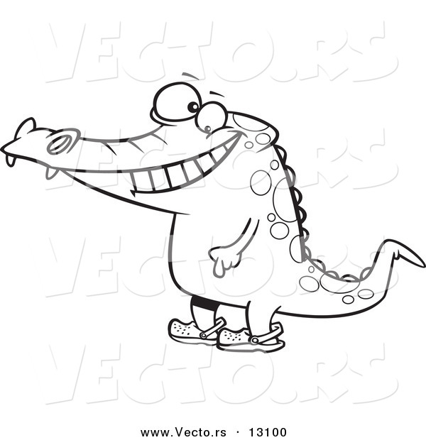 Vector of a Cartoon Happy Crocodile Standing Upright and Wearing Crocs on His Feet - Outlined Coloring Page
