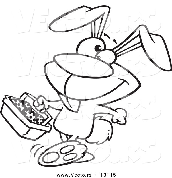 Vector of a Cartoon Happy Easter Bunny Carrying a Basket of Eggs - Outlined Coloring Page