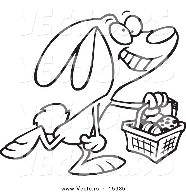 Vector of a Cartoon Happy Easter Bunny Carrying a Basket - Outlined Coloring Page Drawing