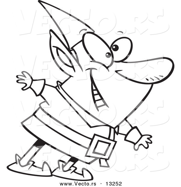 Vector of a Cartoon Happy Elf Leaning - Coloring Page Outline