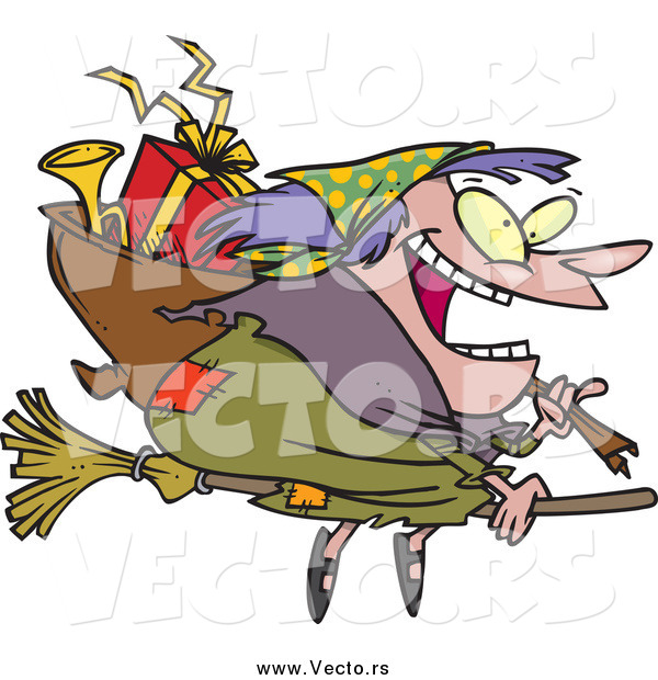 Vector of a Cartoon Happy Fat Befana Witch Flying with Gifts