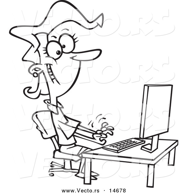 Vector of a Cartoon Happy Female Typist Working on a Computer - Coloring Page Outline