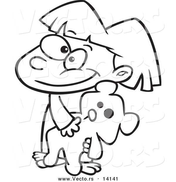 Vector of a Cartoon Happy Girl Carrying Her Teddy Bear - Coloring Page Outline