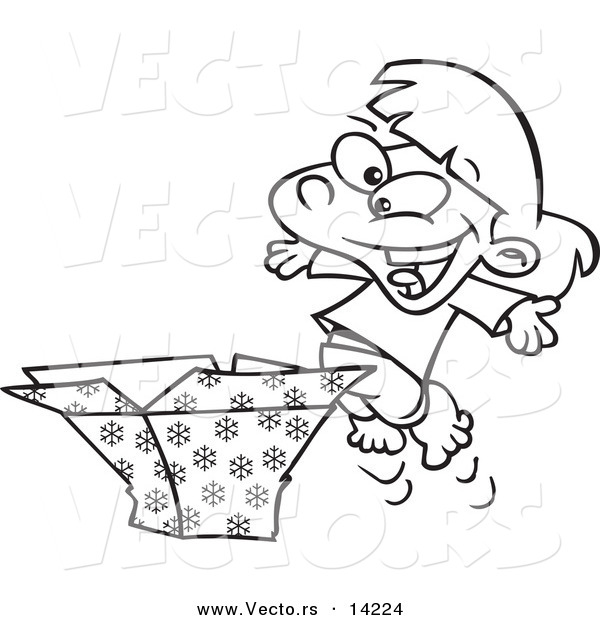 Vector of a Cartoon Happy Girl Opening a Christmas Gift - Coloring Page Outline