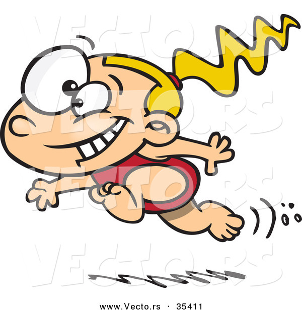 Vector of a Cartoon Happy Girl Running in a Bathing Suit at a BeachCartoon Happy Girl Running in a Bathing Suit at a Beach