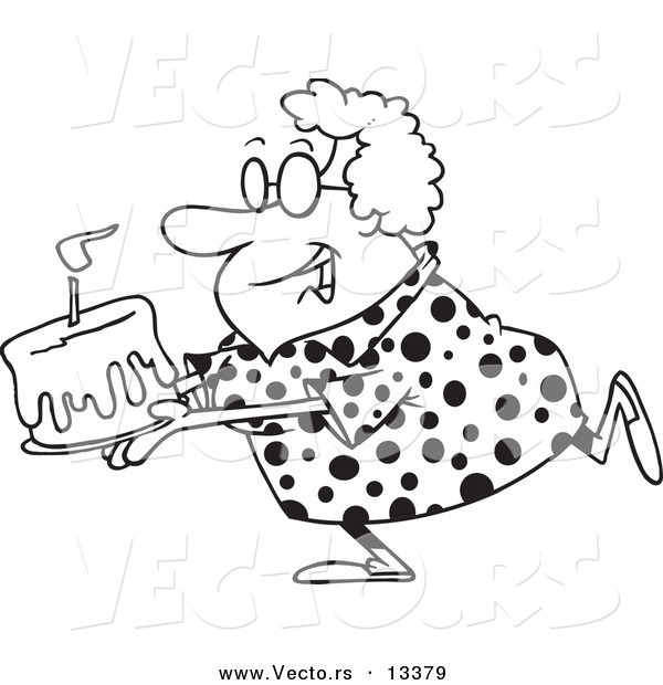Vector of a Cartoon Happy Grandma Carrying a Birthday Cake - Coloring Page Outline