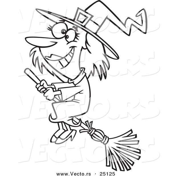 Vector of a Cartoon Happy Halloween Good Witch Flying on a Broom - Coloring Page Outline