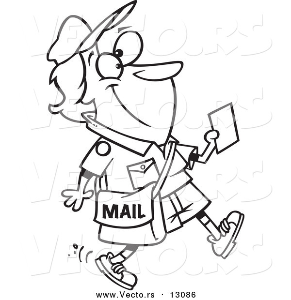 Vector of a Cartoon Happy Mail Woman Walking and Holding a Message - Outlined Coloring Page