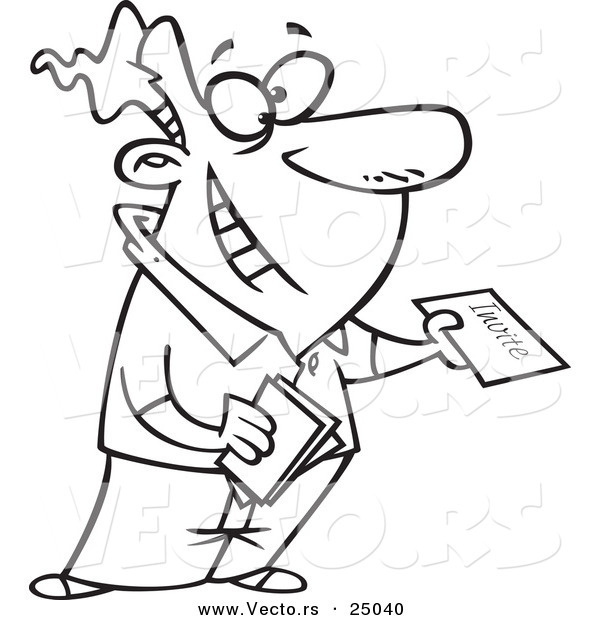 Vector of a Cartoon Happy Man Handing out Party Invitations - Outlined Coloring Page