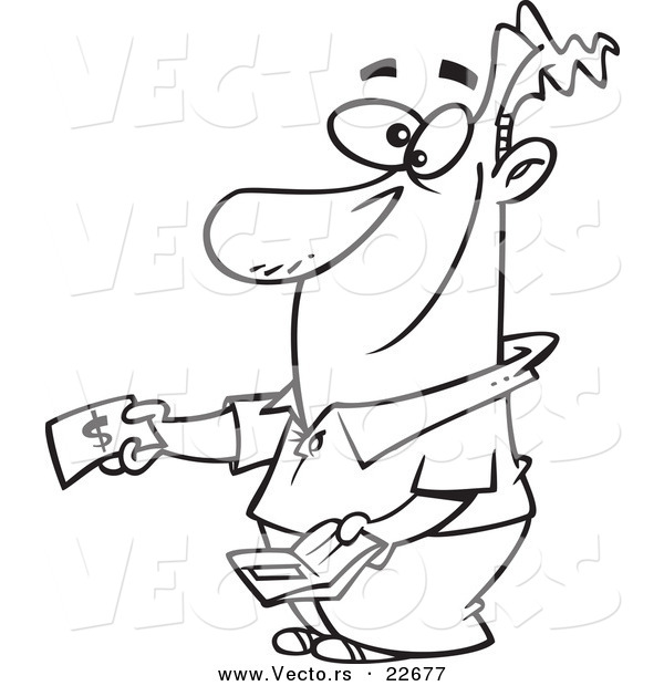 Vector of a Cartoon Happy Man Paying - Coloring Page Outline