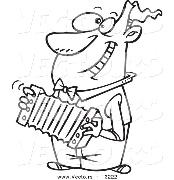 Vector of a Cartoon Happy Man Playing an Accordion - Coloring Page Outline